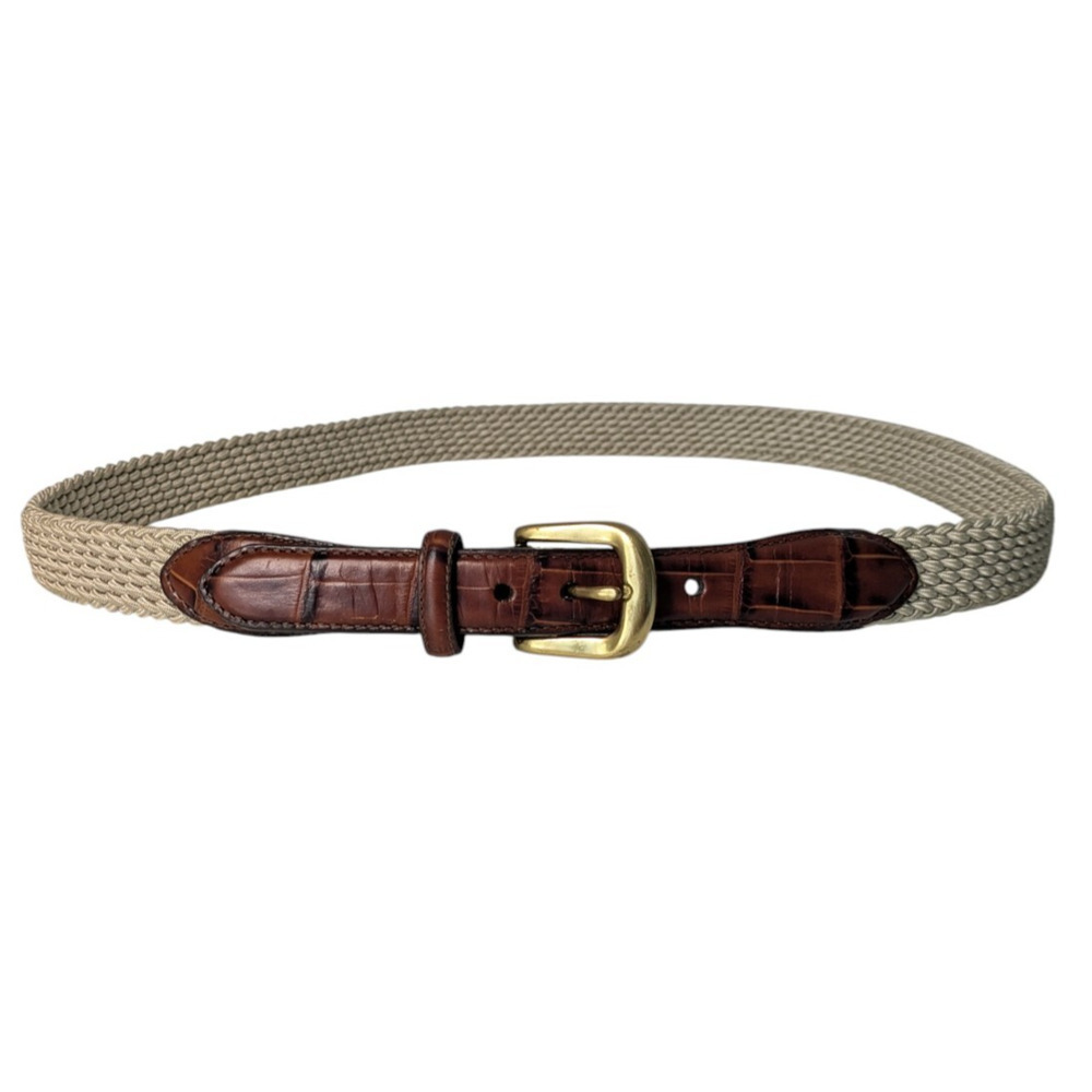 Brighton Beige Tan Woven Stretch Brown Leather Belt Sz 42 Croc Trim Brass Buckle